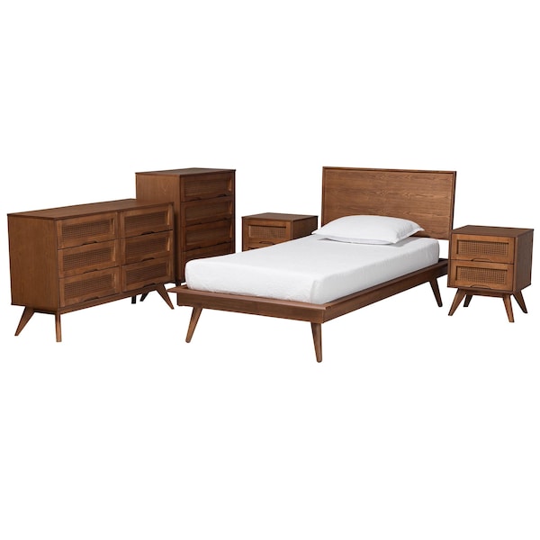 Baxton Studio Melora Mid-Century Modern Walnut Brown Finished Wood and Rattan Twin Size 5-Piece Bedroom Set 241-11178-11179-11298-11298-11299-11300-ZORO - main